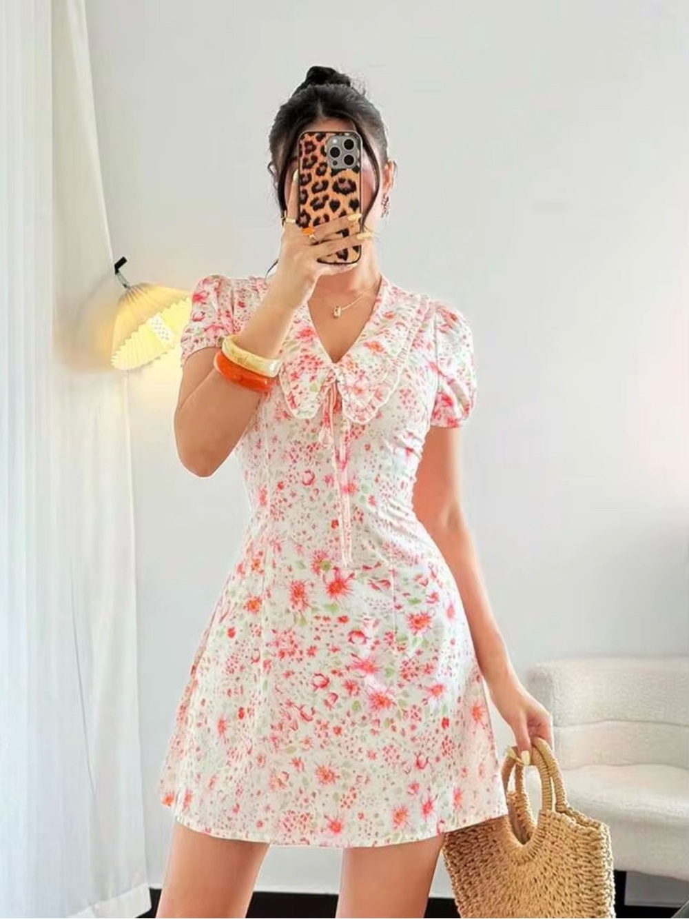 SHEIN Cream Mini Dress with Pink Floral Print